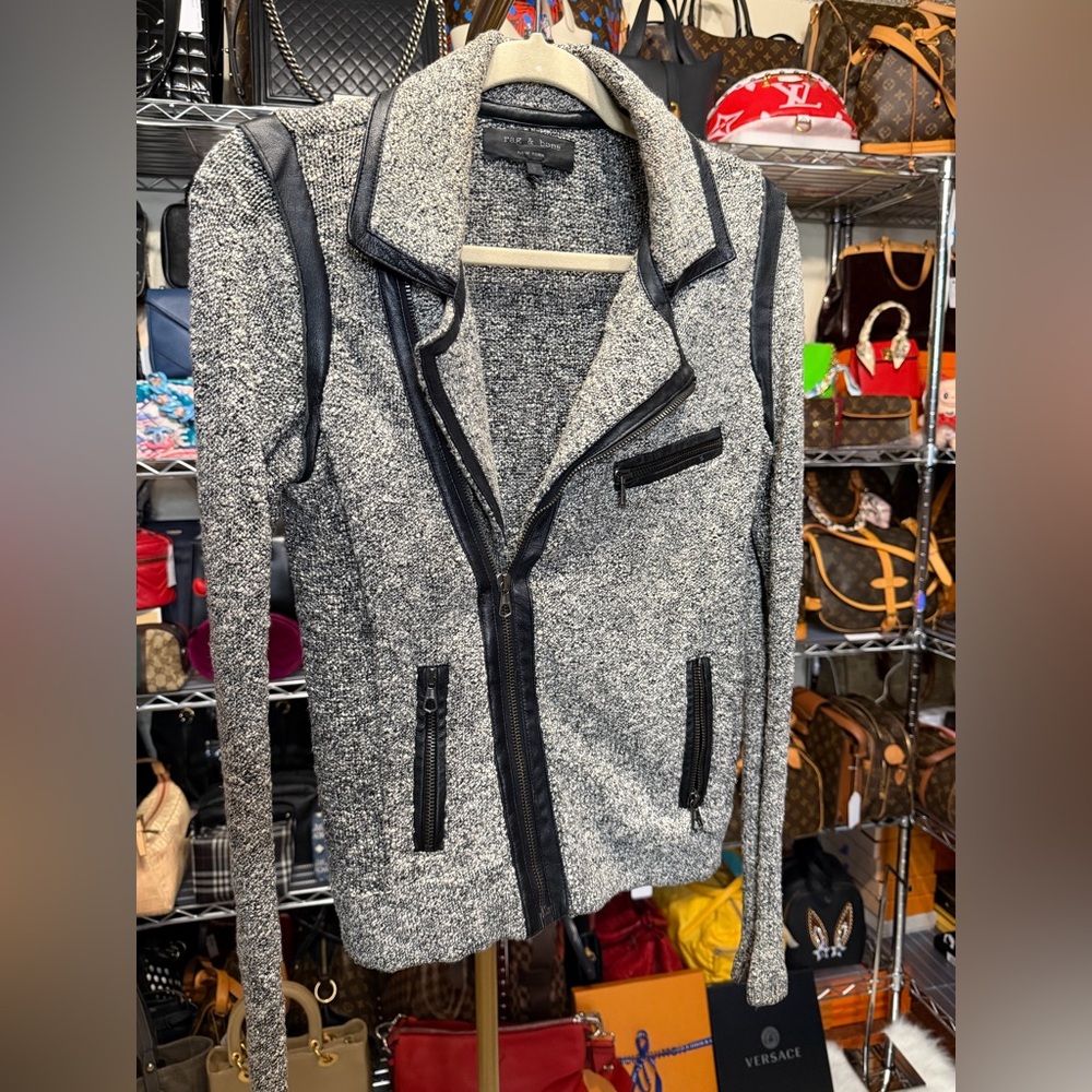 Pre-love Rag & Bone Hart Tweed Moto Zip Biker Jacket with Black Trim - Picture 2 of 6